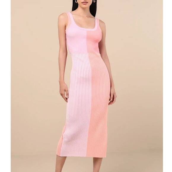Lulus NWOT Radiant Personality Pink Color Block Ribbed Knit Sweater Midi Dress - Picture 2 of 9